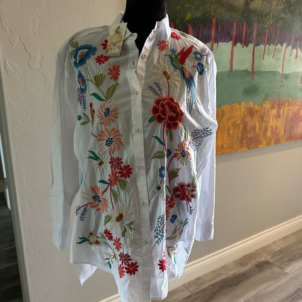 Johnny Was Red and White Casual Button Down Shirt with Floral Embroidery